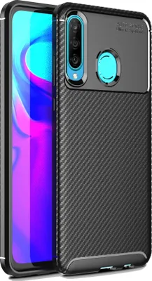 A close-up studio shot of a black carbon fiber textured phone case with a Huawei P30 Lite phone inside.