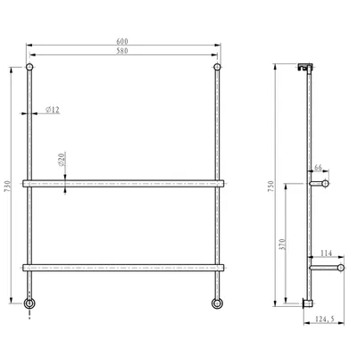 Technical drawing of a wall-mounted towel rack with dimensions.