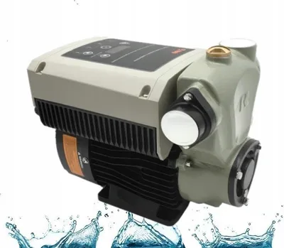 A water pump with a control unit and motor, shown from a diagonal angle with water splashes at the bottom.