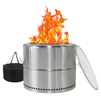 Immagine prodotto di Focolare portatile per esterni - Forno a legna, barbecue - Acciaio inossidabile - Con contenitore per la cenere - Ideale per giardino e campeggio - Argento