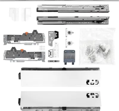 Produktbild von BLUM Schubladenschienen TANDEM SET; Zargenhöhe 83mm, mit TIP-ON BLUMOTION Einheit, 30kg, NL600mm, Seidenweiß, bis max. KB1400mm