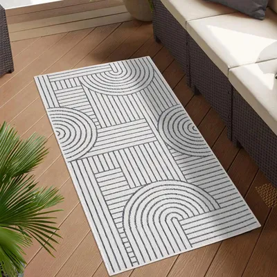 Produktbild von Teppich Outdoor Wetterfest - Grau, Creme - Wendeteppich - 80x150 cm - Geometrisches Muster
