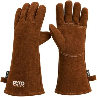 Productafbeelding van Unyqoos® PyroProducts hittebestendige grillhandschoenen van suède, gecertificeerd volgens EN 407:2020 tot 350°C, met een manchetten van 41 cm, bruin, per paar – geschikt voor barbecue en open haard