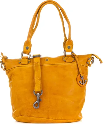 A yellow leather tote bag with an anchor charm.