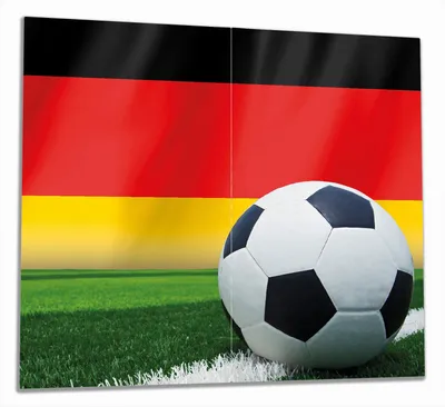 Produktbild von Wallario Herdabdeckplatte aus Glas, Größe 60 x 52 cm 2-teilig, Motiv Fußball vor einer Deutschlandflagge