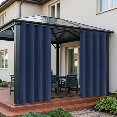 Produktbild von Vorhang Wasserdicht Sonnenschutz Gardine Wetterfest Verdunkelungsvorhang mit Ösen für Outdoor Terrasse Balkon Pergola, 132x243cm, Blau