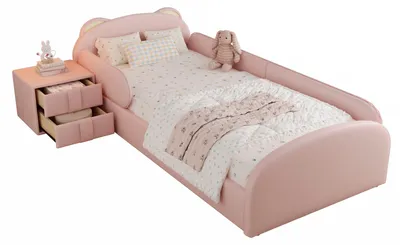 Produktbild von Kinderbett mit Nachttisch, Rausfallschutz, Lattenrost, gepolstertem Kopfteil, 90x200 cm, Polsterbett, Einzelbett, Bezug aus Kunstleder