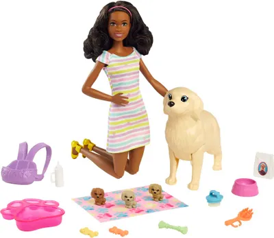 Immagine prodotto di Bambola Barbie (bruna) con cane e cucciolo, set di accessori inclusi