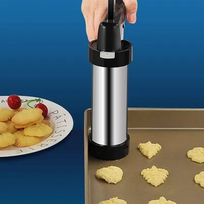 Produktbild von Koekjespistole aus Edelstahl, gebäckspistole, 8 Schablonen, 8 Spritzmündungen, DIY-Bäckereiaccessoires