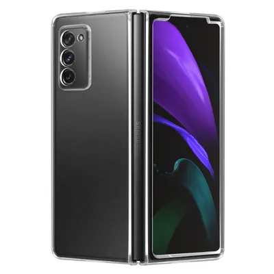 A transparent protective case for a Samsung Galaxy Z Fold 2 phone, shown in a studio setting against a white background.