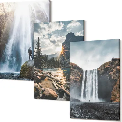Produktbild von Leinwandbilder – Wandbilder – Leinwandbild – Canvas Bild – Polycanvas – Kunstdruck –  – Modern – Aufhängefertig – Mehrteilig – 3-Teilig – 40x60 Cm Pro Bild - Wasserfälle in den Bergen mit wunderschönen Naturlandschaften