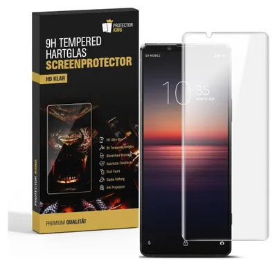 A product shot of a phone screen protector box and the screen protector itself next to a smartphone.