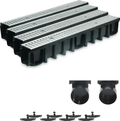 Produktbild von 4m Entwässerungsrinne Terrassenrinne Stahlrost verzinkt komplett SET, System A15 148mm, inkl. Zubehör