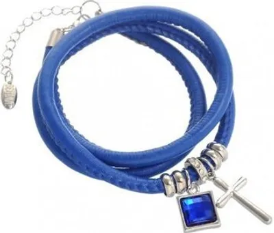 Produktbild von Lederarmband blau mit Kreuz und eingefassten Stein
