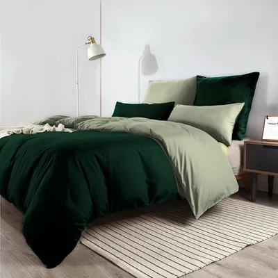 Produktbild von Wendebettwäsche 200x200 cm Dunkelgrün/Salbeigrün Mikrofaser Bügelfrei Knitterfrei Set mit 2 Kissenbezügen 80x80 cm Reißverschluss