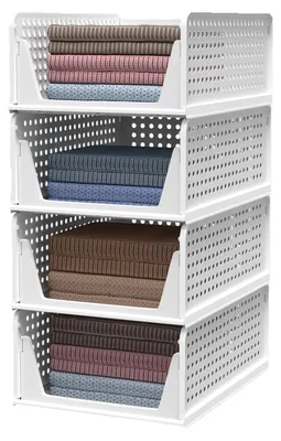 Image de Rangement pour armoire - Boîtes de rangement pliables - Système de tiroirs coulissants - Empilables - Plastique - Lot de 4 - Blanc