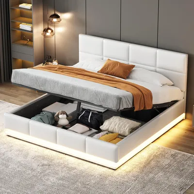 Produktbild von Polsterbett 160x200 mit LED Metalllattenrost & Bettkasten Doppelbett mit höheverstellbarem Polsterkopfteil & hydraulischem Stauraum Weiß ohne Matratze