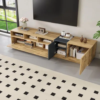 Produktbild von STILVORA TV-Lowboard mit offenen Fächern,Fernsehschrank mit Kabelöffnungen,TV-Schrank mit Klapptür,Schwarz+Natur