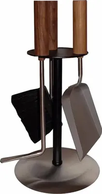 Produktbild von Design Kaminbesteck aus Edelstahl schwarz - Nussholzgriffe Ofenbesteck 3-tlg