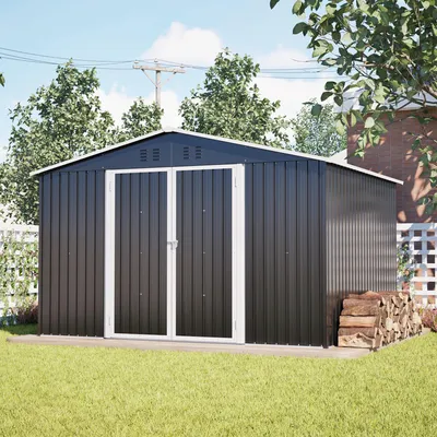 Zdjęcie produktu dla Metalowa altana ogrodowa – duża szopa na narzędzia (300 x 252 x 191 cm) z dachem dwuspadowym. Altana ogrodowa i magazyn na narzędzia i sprzęt ogrodniczy. Solidna i odporna na warunki atmosferyczne, kolor czarny