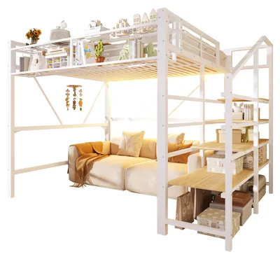 Produktbild von Hochbett mit LED-Streifen, Stauraum, Lattenrost, Rausfallschut und Regal, Treppe mit Regal, 140x200 cm, Kinderbett, Metallbett