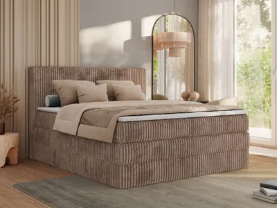 Produktbild von MKS MEBLE Łóżko kontynentalne TILIANO KING 200x200 podwójne do sypialni, sztruksowa tkanina, z dwoma materacami Multipocket, dwa pojemniki na pościel - H3 - Brązowy, sztruks