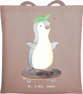 Produktbild von Mr. & Mrs. Panda Shopping Tasche Pinguin Skateboarden - Braun Pastell - Geschenk, Alltagstasche, Einkaufstüte, Skateplatz, Skateboard fahren, Tote Bag, Schultasche