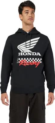 Produktbild von Fox Racing Honda Kapuzenpullover – Offizieller Fanartikel – Schwarzer Hoodie mit Honda Wing Logo, Racing-Schriftzug & Checkerboard-Print – 80% Baumwolle, 20% Polyester