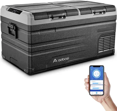 Obrázek produktu pro Kompresorová chladnička, objem 90 litrů, chladnička do auta se dvěma oddělenými zónami, s ovládáním přes aplikaci a Wi-Fi, napájení 12/24 V DC a 100-240 V AC, vhodná pro auto, nákladní vozidlo, loď, karavan, kempování