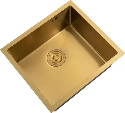 Obrázek produktu pro Kuchyňský dřez – jedno umyvadlo – 50 x 45 cm – hloubka 20 cm – nerezová ocel – s odtokovým sítkem – s baterií – 1 otvor – zlatá barva
