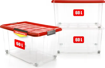 Produktbild von BigDean 3 Stück 60 L Aufbewahrungsbox mit Deckel groß rot - stapelbare robuste Box - rollbare Stapelbox mit festen Klickverschlüssen -  Germany
