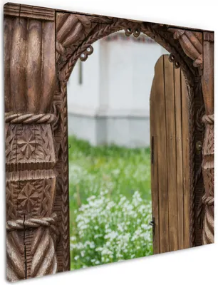 Produktbild von Wallario Premium Leinwandbild Offene alte Pforte mit Schnitzereien aus Holz in Größe 50 x 50 cm