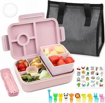 Produktbild von Famanu Bento Lunchbox 1300 ml - lekfrei, 4 Fächer, mit Besteck, rosa