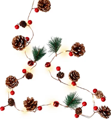 A string of LED lights decorated with pine cones, red berries, and pine sprigs, arranged in a winding pattern against a white background.