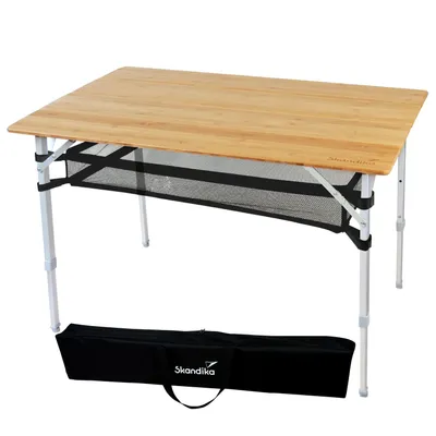 Produktbild von Skandika Bambus Campingtisch Tolja | Faltbarer Tisch mit Netzablage, versch. Größen, 3-Fach höhenverstellbar, Alu, Holz, wetterfest, UV-beständig