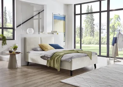Produktbild von Meise Möbel Polsterbett Piano 140x200 cm | Doppelbett | Bettgestell | Kopfteil mit tiefem Einzug | Strukturstoff Beige | Holzfuß schwarz