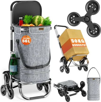Image de MONZANA® Chariot de courses gris merle 56 litres 3 en 1 pliable compartiment isotherme 6 roues bandes réfléchissantes