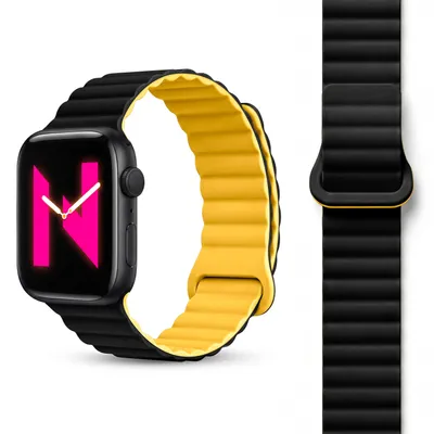 Image de Bracelet Core pour Apple Watch SE/10/9/8/7/6/5/4/3/2/1, bracelet de sport magnétique en silicone respirant, 38/40/41/42 mm - Noir nuit et jaune