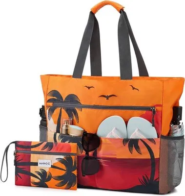 Produktbild von Wasserfester Strandbeutel für Frauen mit Make-up-Tasche - Sonnenuntergang-Muster