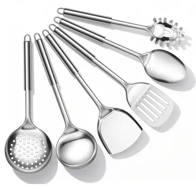 Image de Ensemble de couverts de cuisine, 6 pièces, en acier inoxydable - Résistant à la chaleur et lavable au lave-vaisselle
