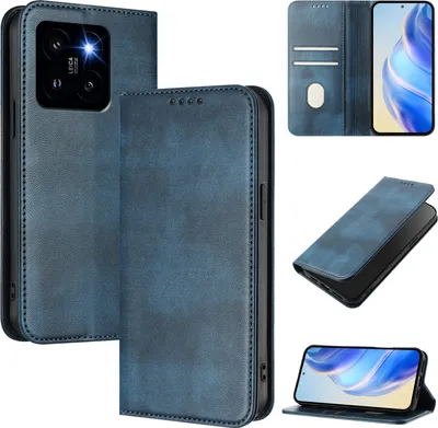 Image de Etui pour Xiaomi 14 Pro, étui en cuir vintage avec protection RFID, fentes pour cartes, support Bleu