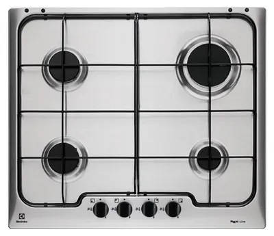 A top-down view of a stainless steel gas cooktop with four burners and control knobs.