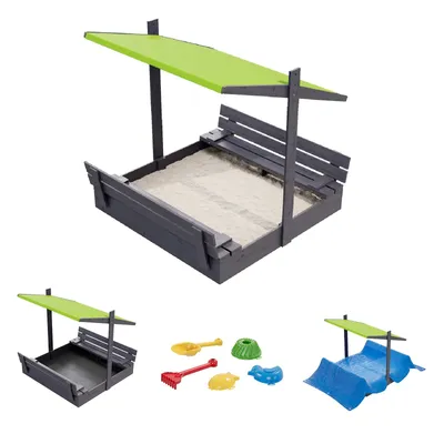Produktbild von QLS Holz-Sandkasten 120 cm mit Sitzbank und grünem Dach Abdeckung imprägniert 11292