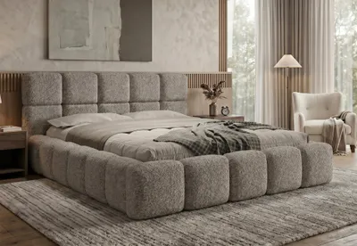 Produktbild von Polsterbett LOMBA 140x200 cm mit Bettkasten und Metall-Lattenrost – Bouclé Stoff Coral Grau