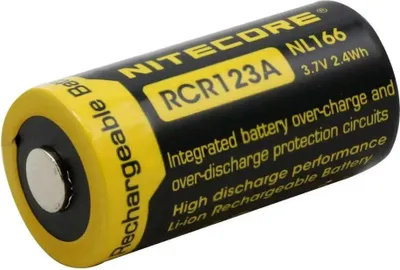 A single Nitecore RCR123A rechargeable battery is shown against a white background.
