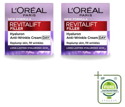 Immagine prodotto di 2 confezioni di crema viso anti-rughe L'Oréal Paris Revitalift Filler, 50 ml per confezione. Confezione grande, 2 pezzi