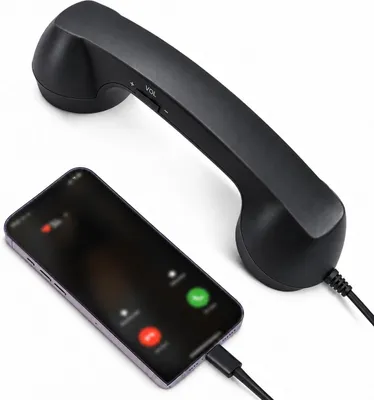 Obrázok produktu pre Retro telefónna slúchadlová súprava s káblom typu C. Telefón s ručnou slúchadlovou, mikrofónom a reproduktorom, s reguláciou hlasitosti, určený pre mobilné telefóny, tablety, notebooky a pod. Čierna farba