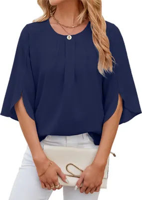 Produktbild von ASKSA Damen Bluse 3/4 aermel Plissee Rundhals Chiffon Sommer Shirts Oberteile Lose Flowy Tops, Navy Blau, Groesse: XXL
