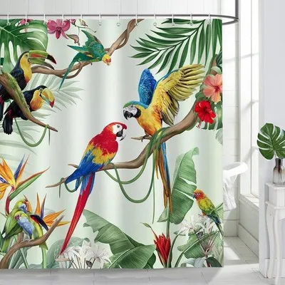 Obrázek produktu pro Voděodolná sprchová záclona s motivem papouška a tukana, zelená, 180 x 180 cm, polyester