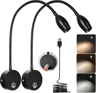 Produktbild von 2 Stück LED Wandleuchte Flexibel Lampenarm Dimmbar, Leselampe 3 Lichtfarben Memory Funktion, Wandlampe Touch Schalter USB, 3W Nachtlicht Schwarz
